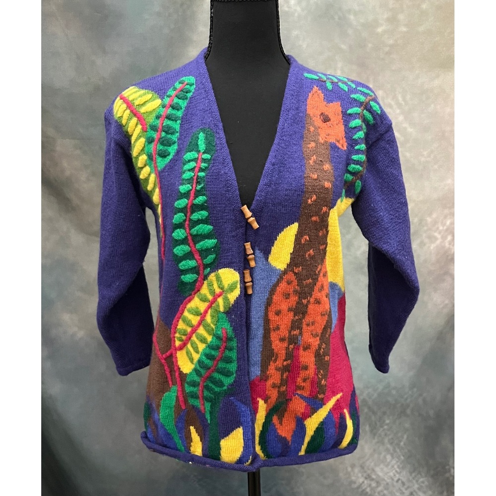Vintage‎ 1980s Clarine Wool Cardigan Unique Hand Knit Giraffe Jungle Scene